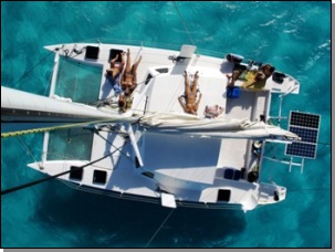 catamaran Kawai at anchorage from top of the mast